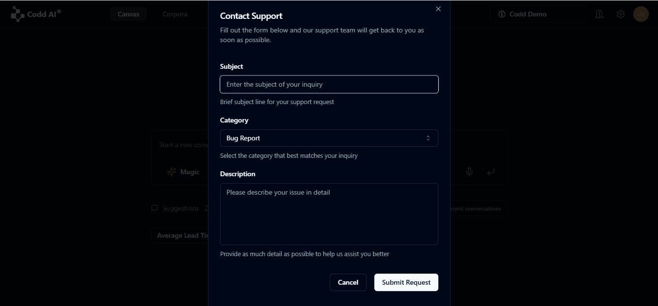 Contact Support modal screenshot