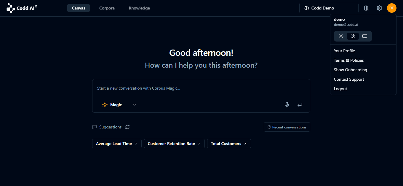 Profile dropdown with Contact Support option