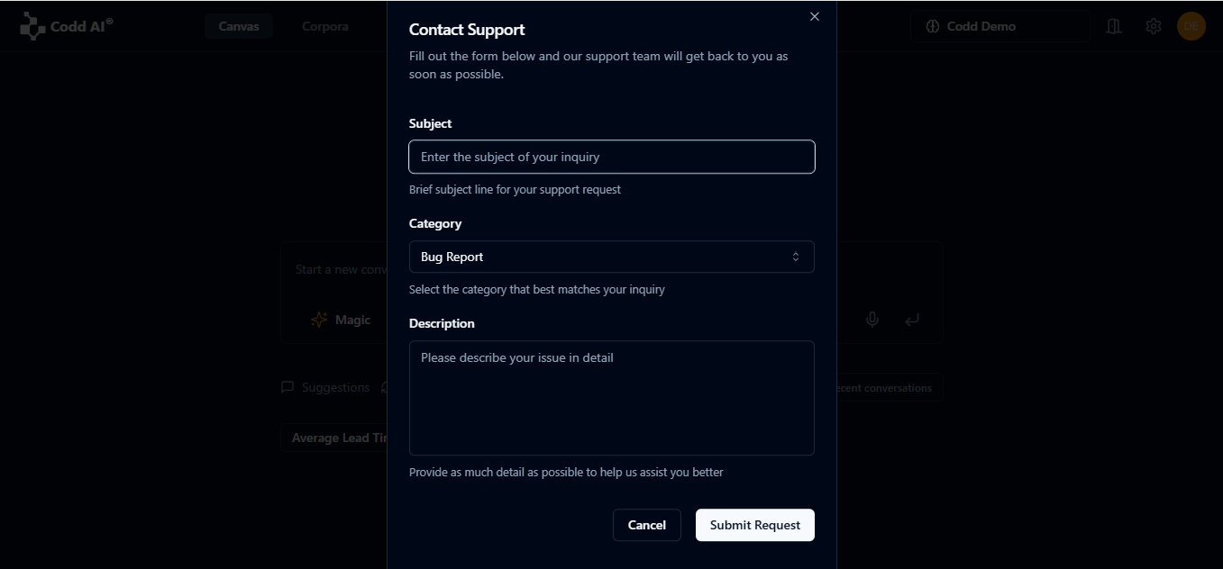 Contact Support modal screenshot