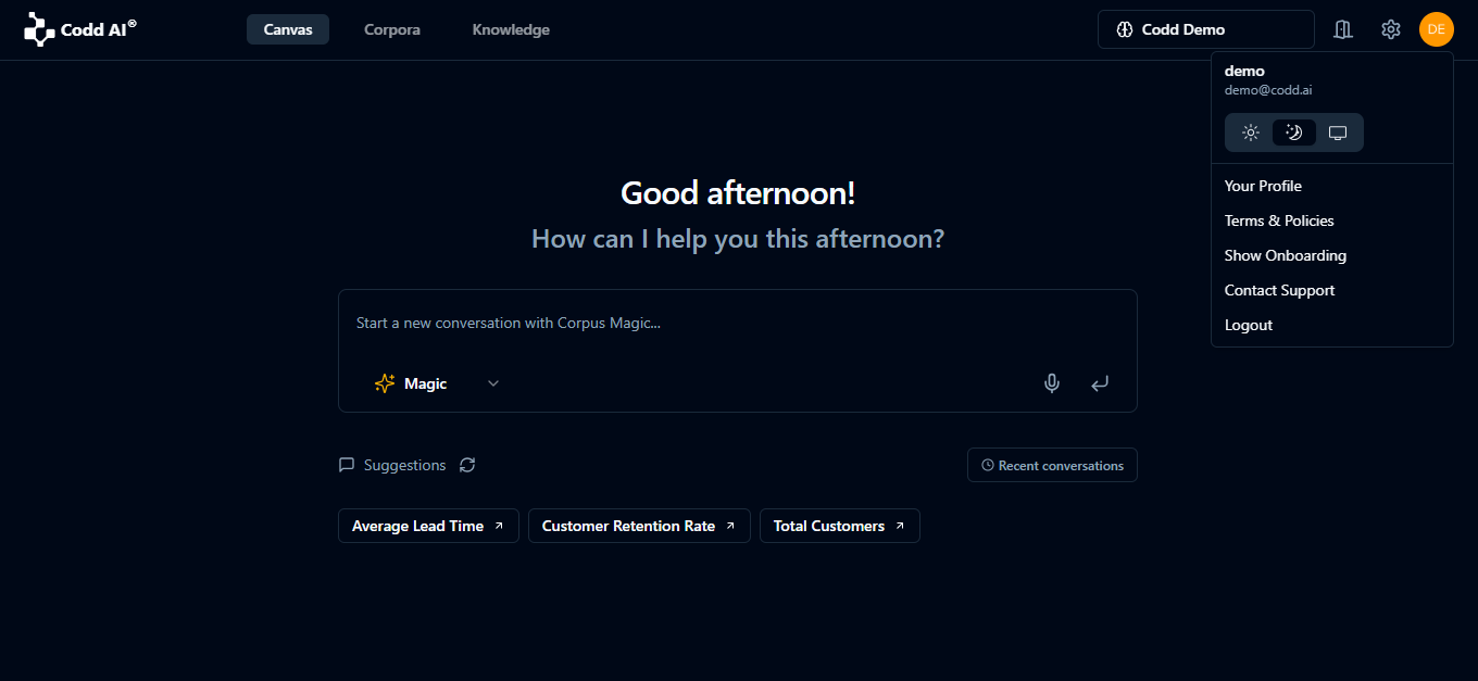 Profile dropdown with Contact Support option
